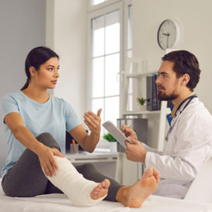 Doctor having a conversation with a patient who has a fractured leg - Titus Law Firm
