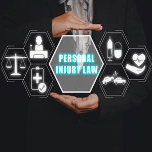 A person in a suit holding a holographic sign that reads 'Personal Injury Law,' surrounded by legal and medical icons. - Titus Law Firm, LLC